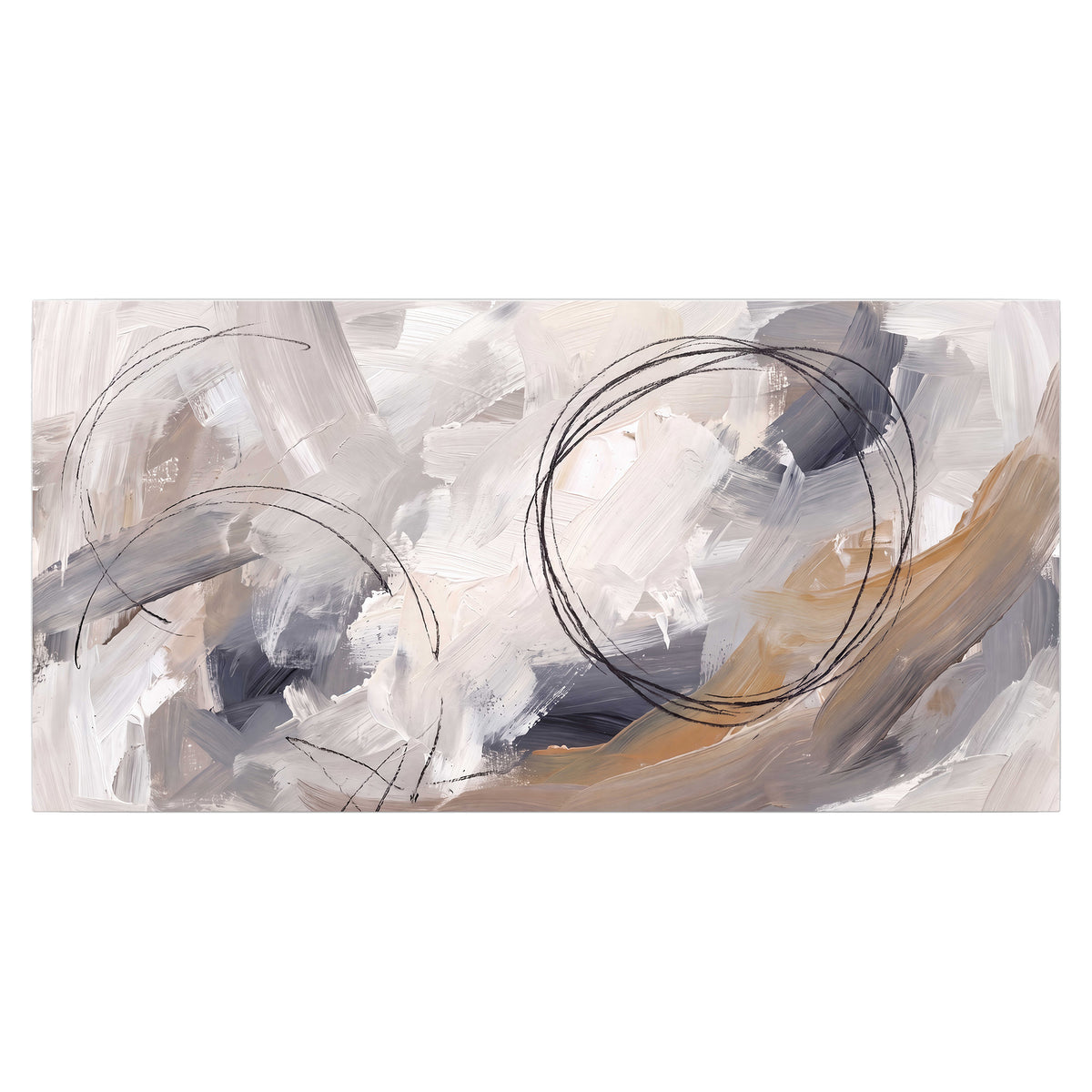 Expressive gray and cream abstract forms with fine gold-colored circular lines single poster print viewed straight on