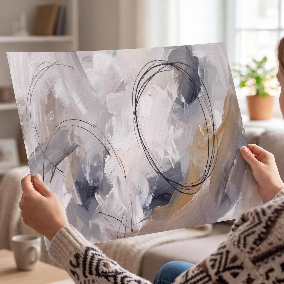 Expressive gray and cream abstract forms with fine gold-colored circular lines single poster print held in hands
