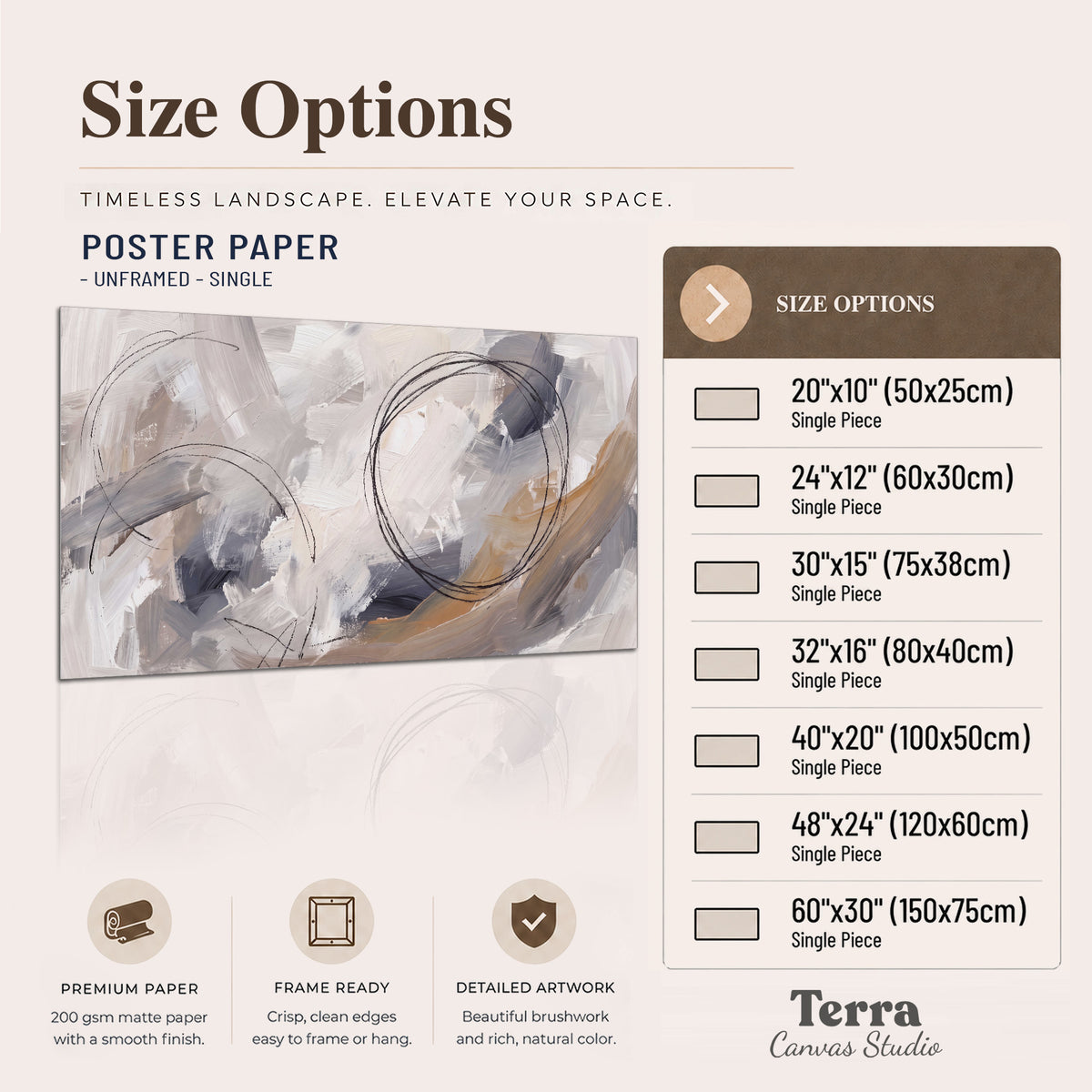 Expressive gray and cream abstract forms with fine gold-colored circular lines single poster print available dimensions