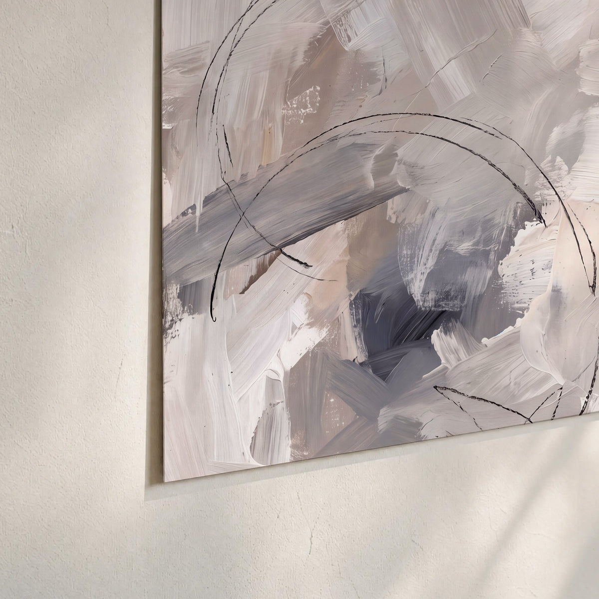 Expressive gray and cream abstract forms with fine gold-colored circular lines set of 3 poster prints material and edge close up