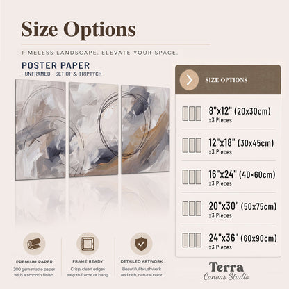 Expressive gray and cream abstract forms with fine gold-colored circular lines set of 3 poster prints available dimensions; triptych dimensions are per panel