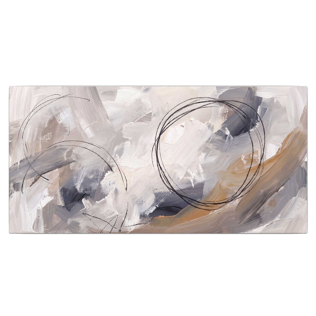 Expressive gray and cream abstract forms with fine gold-colored circular lines single canvas wall art viewed straight on