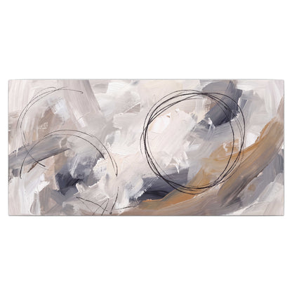 Expressive gray and cream abstract forms with fine gold-colored circular lines single canvas wall art viewed straight on