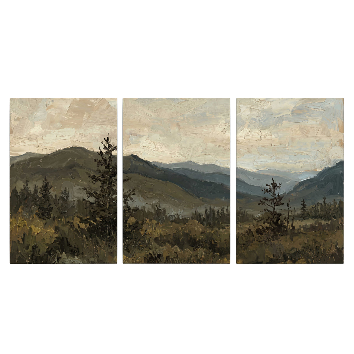 Layered mountain ridges and dark evergreen trees beneath a muted cloudy sky 3 piece canvas wall art viewed straight on