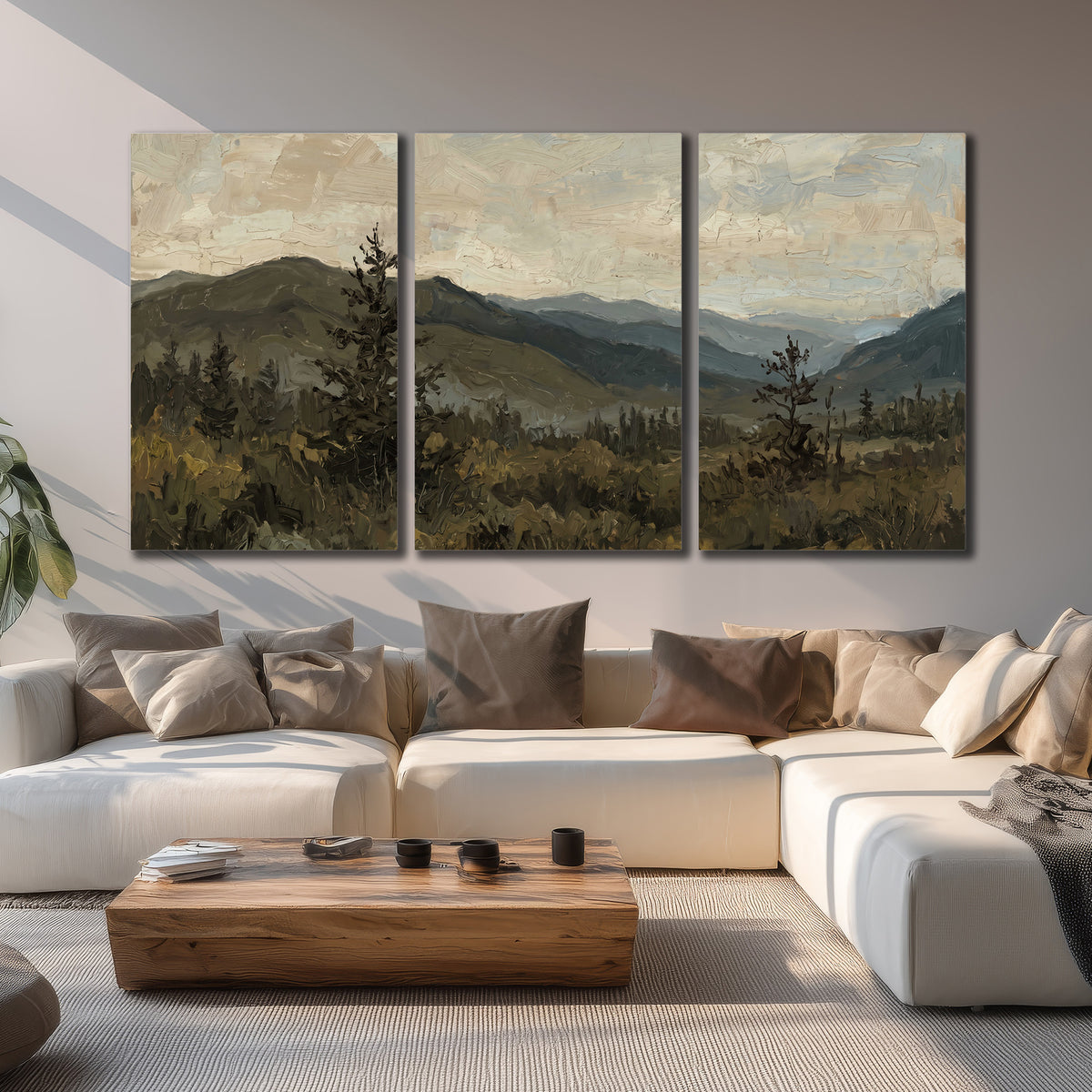 Layered mountain ridges and dark evergreen trees beneath a muted cloudy sky 3 piece canvas wall art displayed in a living room