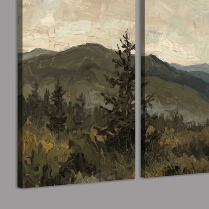 Layered mountain ridges and dark evergreen trees beneath a muted cloudy sky 3 piece canvas wall art room and product view