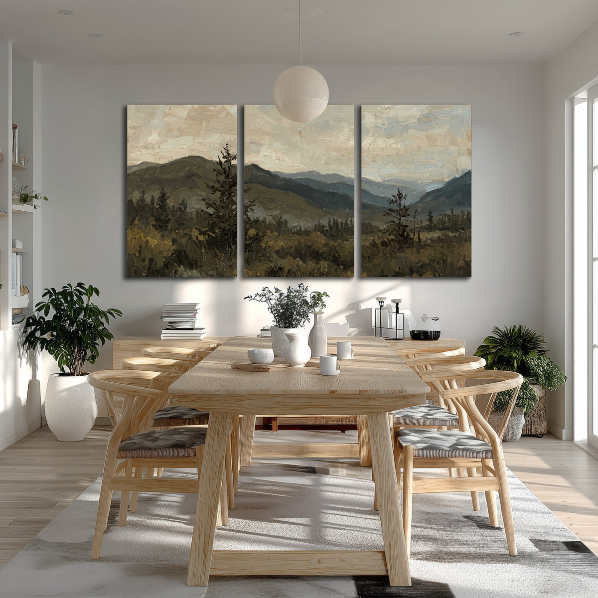 Layered mountain ridges and dark evergreen trees beneath a muted cloudy sky 3 piece canvas wall art room and product view