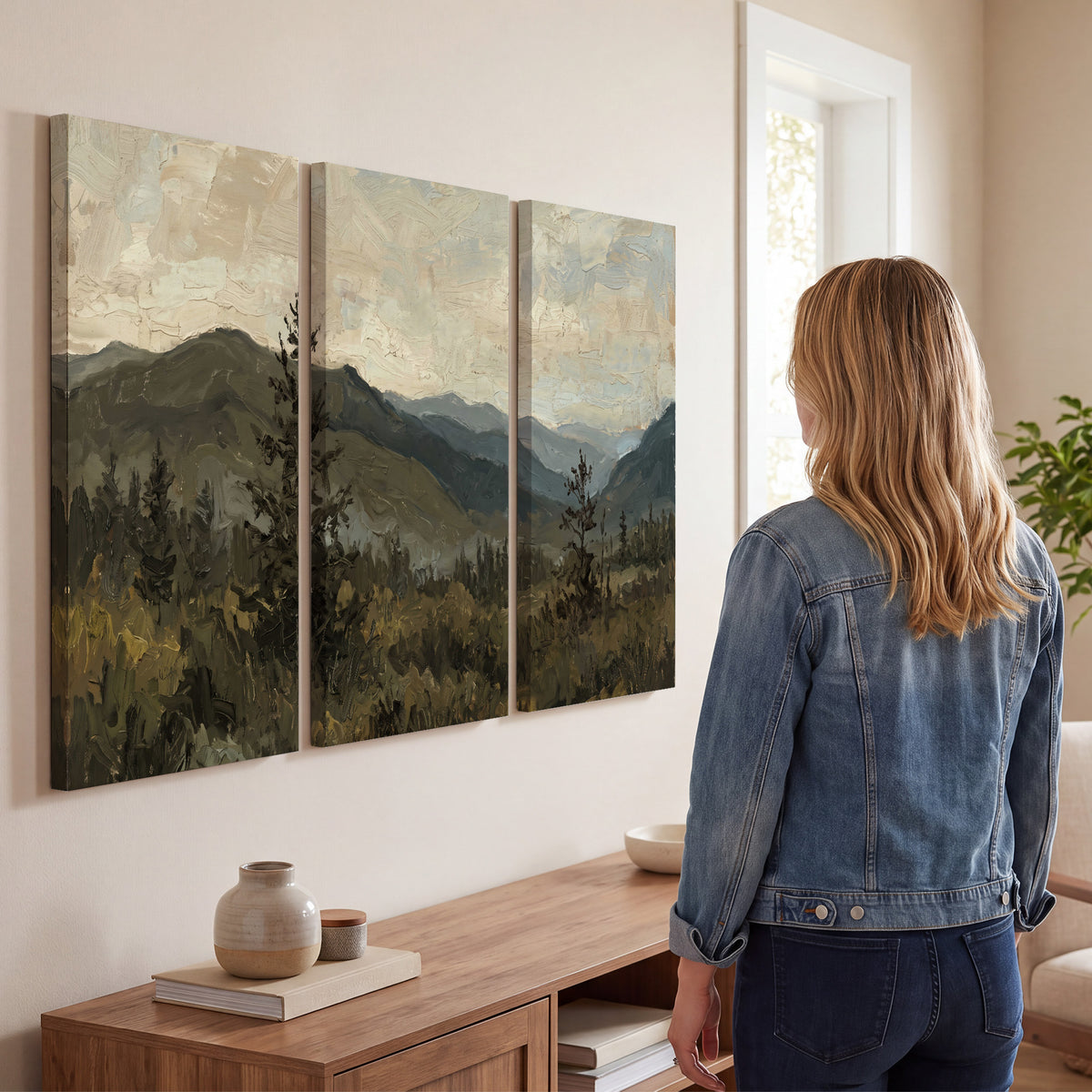 Layered mountain ridges and dark evergreen trees beneath a muted cloudy sky 3 piece canvas wall art three panel arrangement on a wall