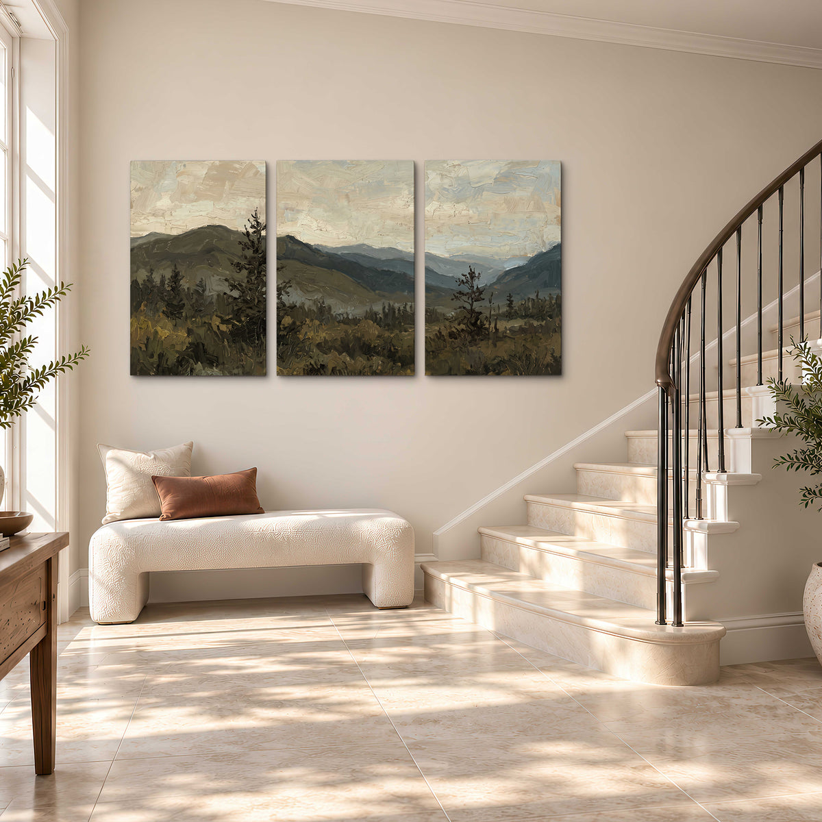 Layered mountain ridges and dark evergreen trees beneath a muted cloudy sky 3 piece canvas wall art styled in an interior
