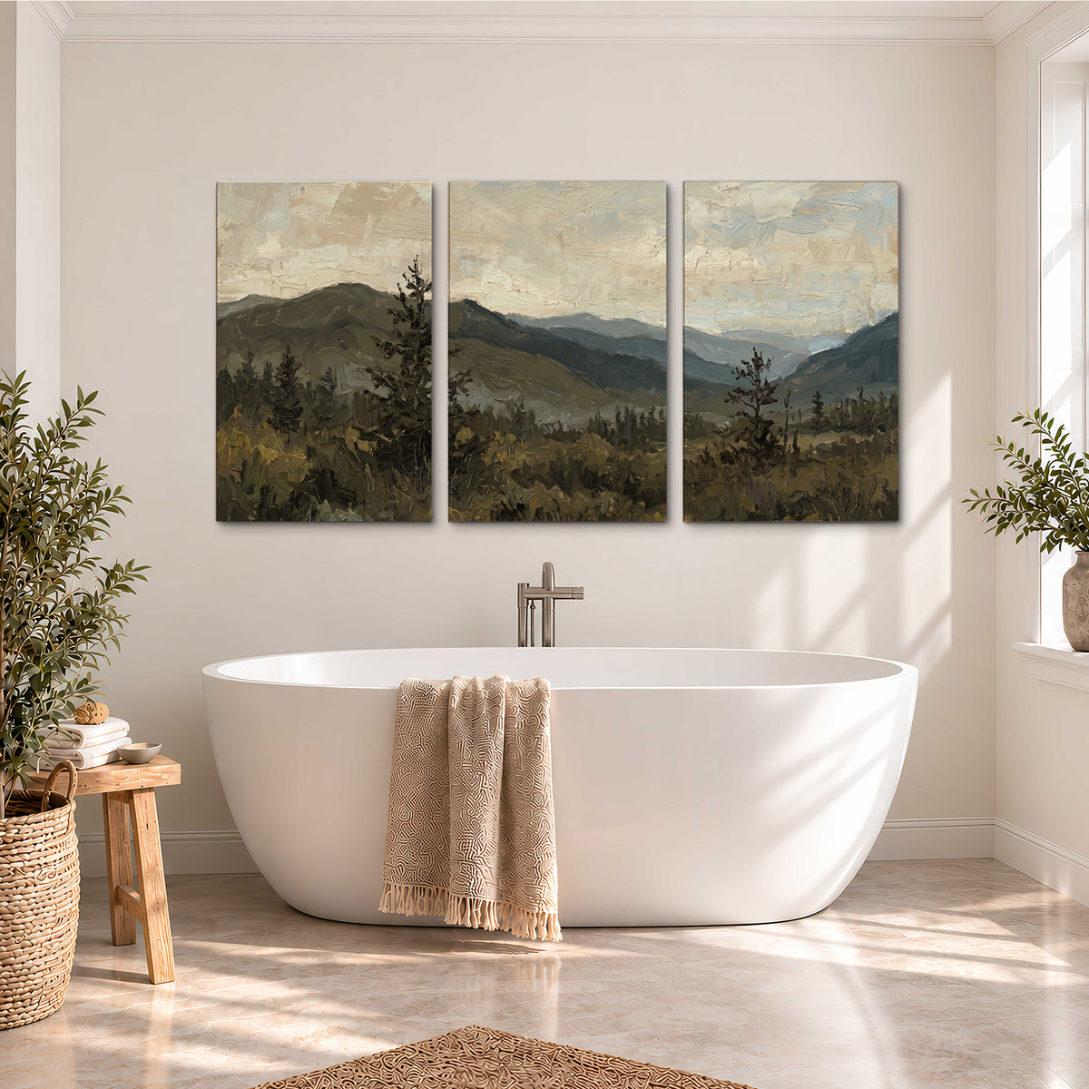 Layered mountain ridges and dark evergreen trees beneath a muted cloudy sky 3 piece canvas wall art styled in an interior