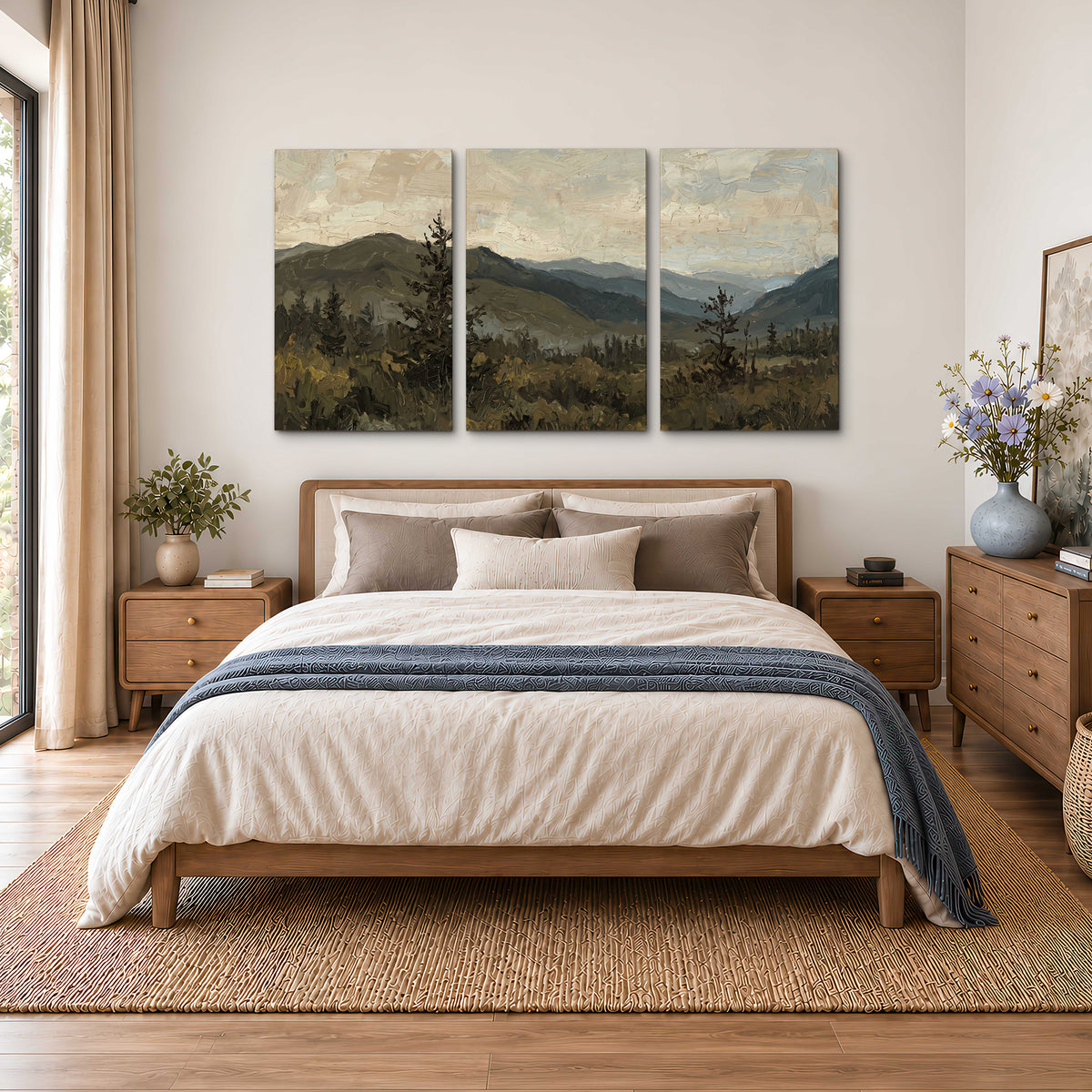 Layered mountain ridges and dark evergreen trees beneath a muted cloudy sky 3 piece canvas wall art styled in an interior