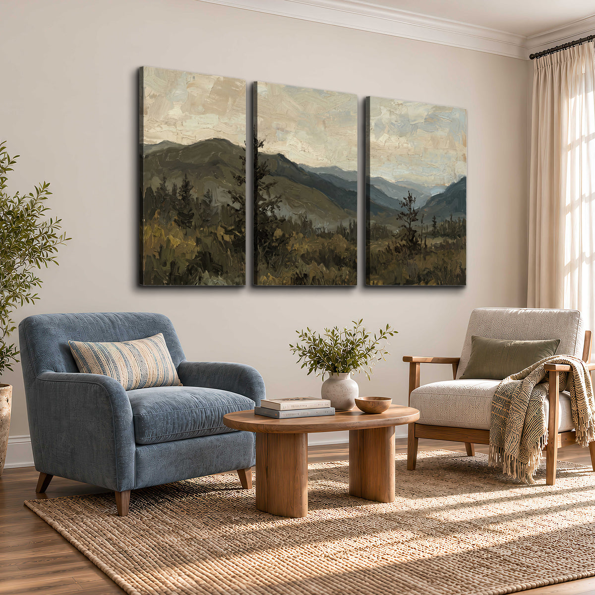 Layered mountain ridges and dark evergreen trees beneath a muted cloudy sky 3 piece canvas wall art styled in an interior