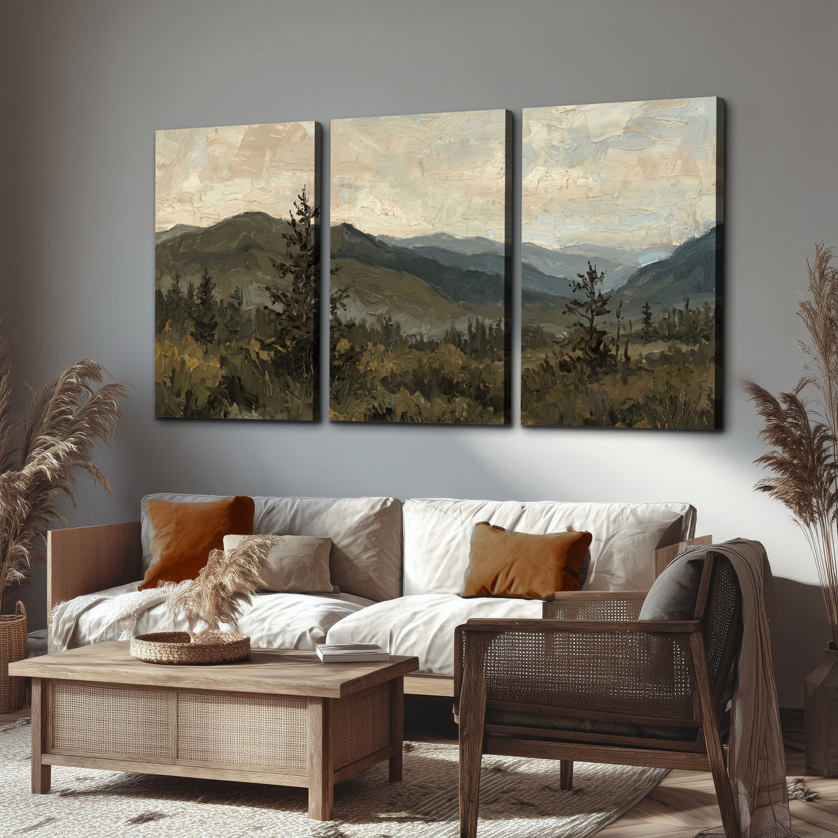 Layered mountain ridges and dark evergreen trees beneath a muted cloudy sky 3 piece canvas wall art displayed in a rustic living room