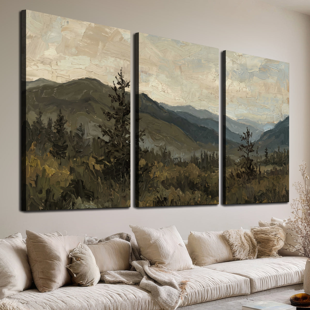 Layered mountain ridges and dark evergreen trees beneath a muted cloudy sky 3 piece canvas wall art room and product view