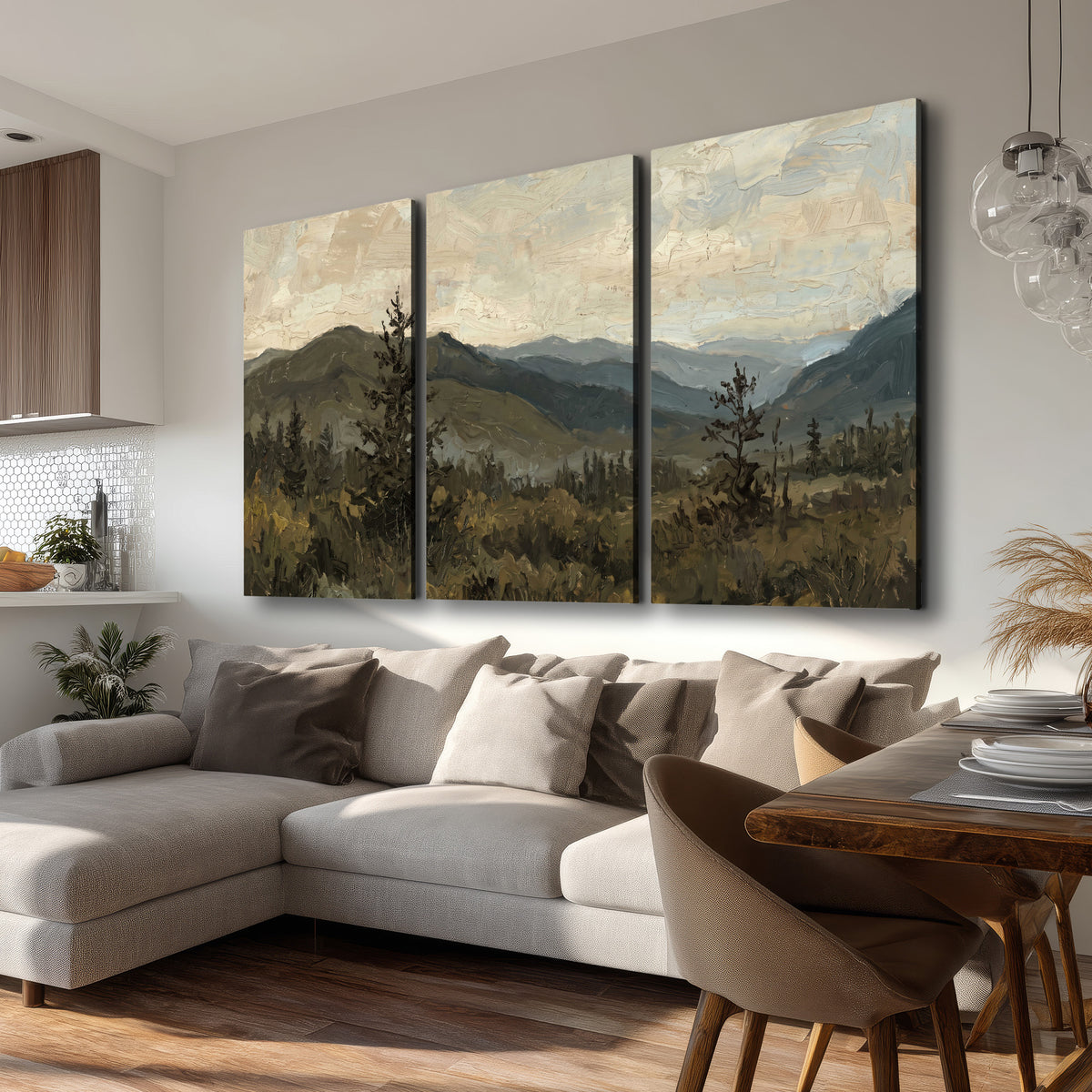 Layered mountain ridges and dark evergreen trees beneath a muted cloudy sky 3 piece canvas wall art room and product view