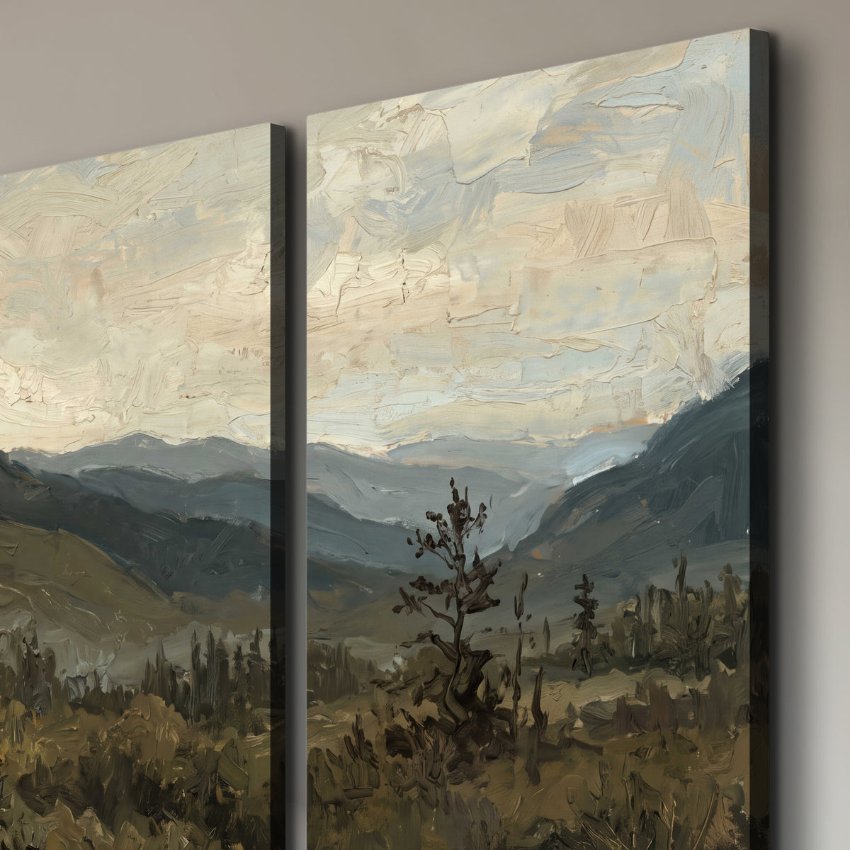 Layered mountain ridges and dark evergreen trees beneath a muted cloudy sky 3 piece canvas wall art room and product view