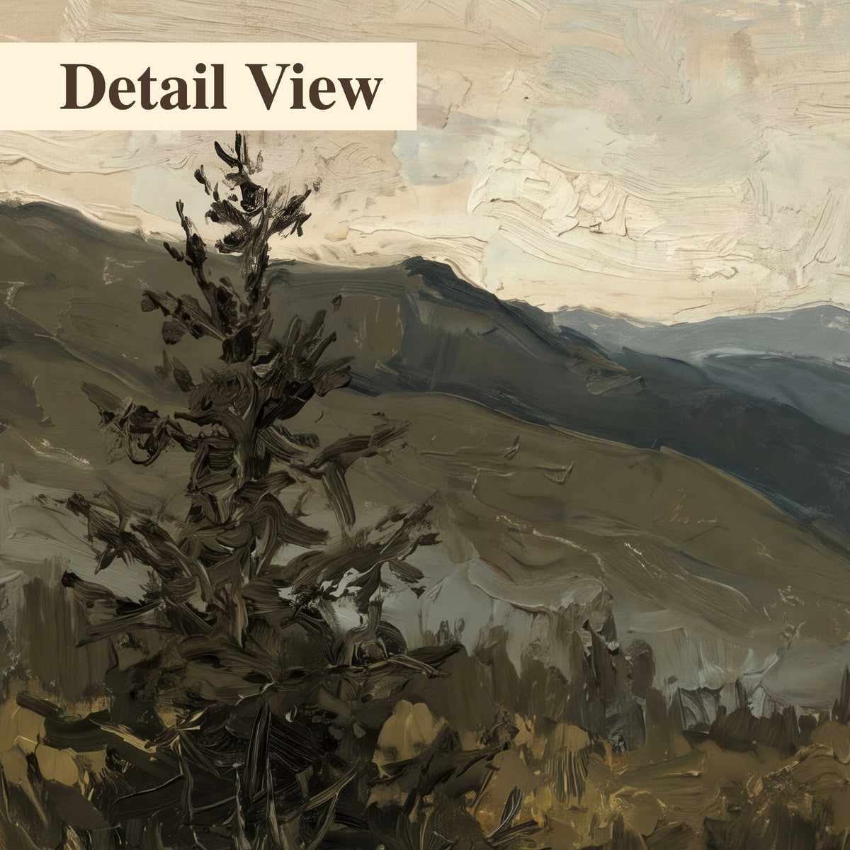 Layered mountain ridges and dark evergreen trees beneath a muted cloudy sky 3 piece canvas wall art artwork detail close up