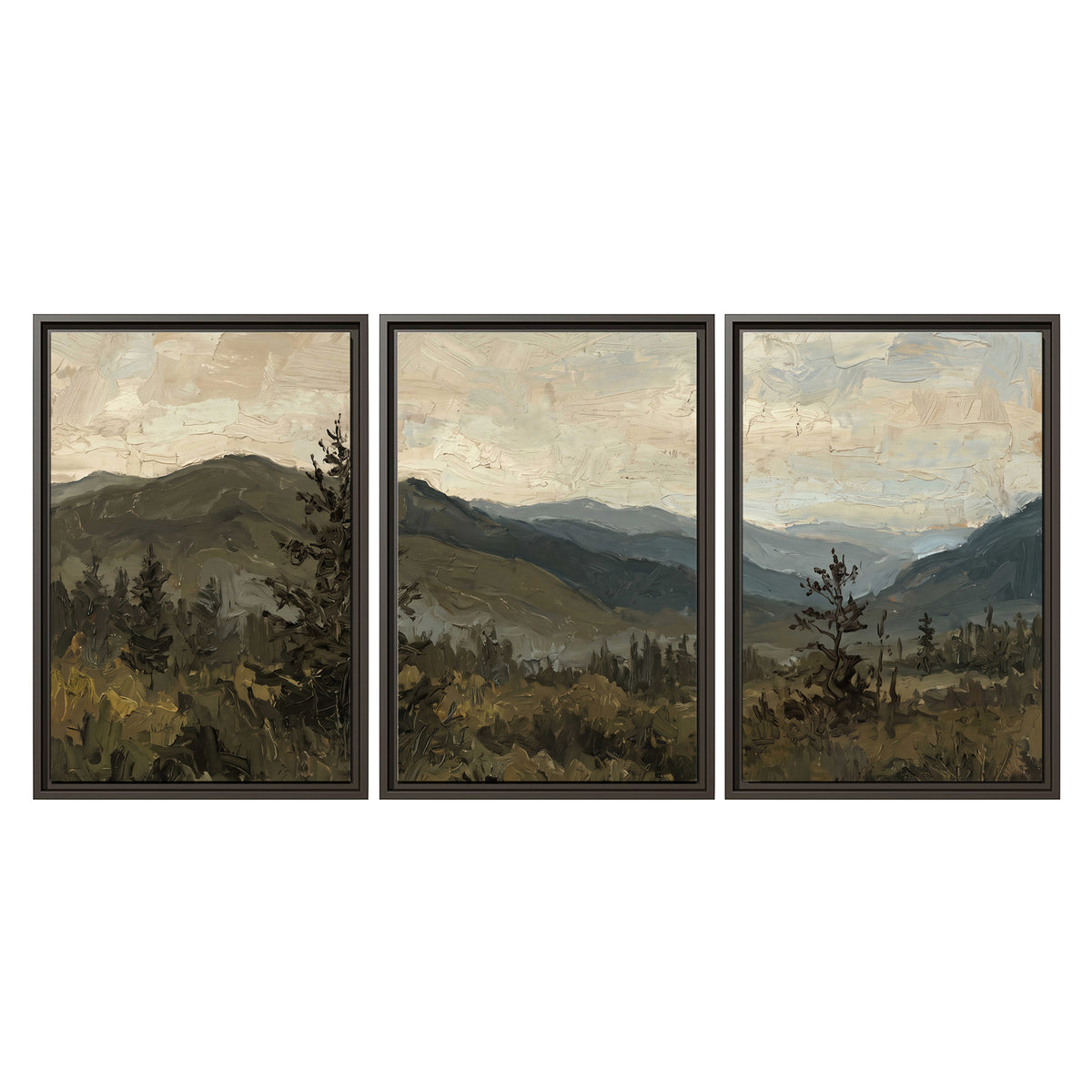 Layered mountain ridges and dark evergreen trees beneath a muted cloudy sky 3 piece framed canvas wall art viewed straight on