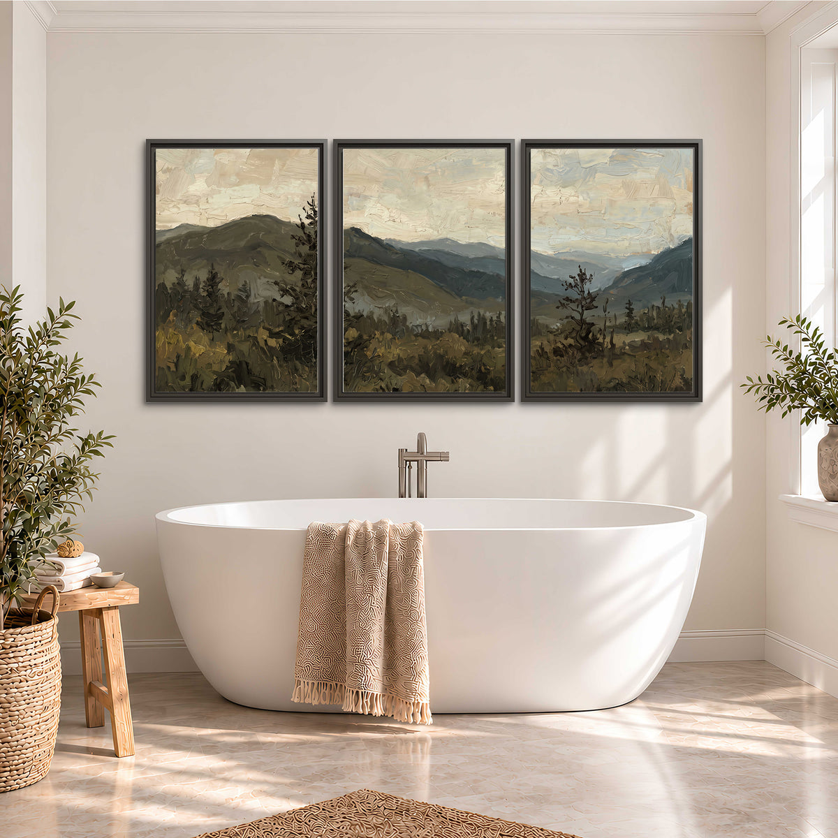 Layered mountain ridges and dark evergreen trees beneath a muted cloudy sky 3 piece framed canvas wall art styled in an interior