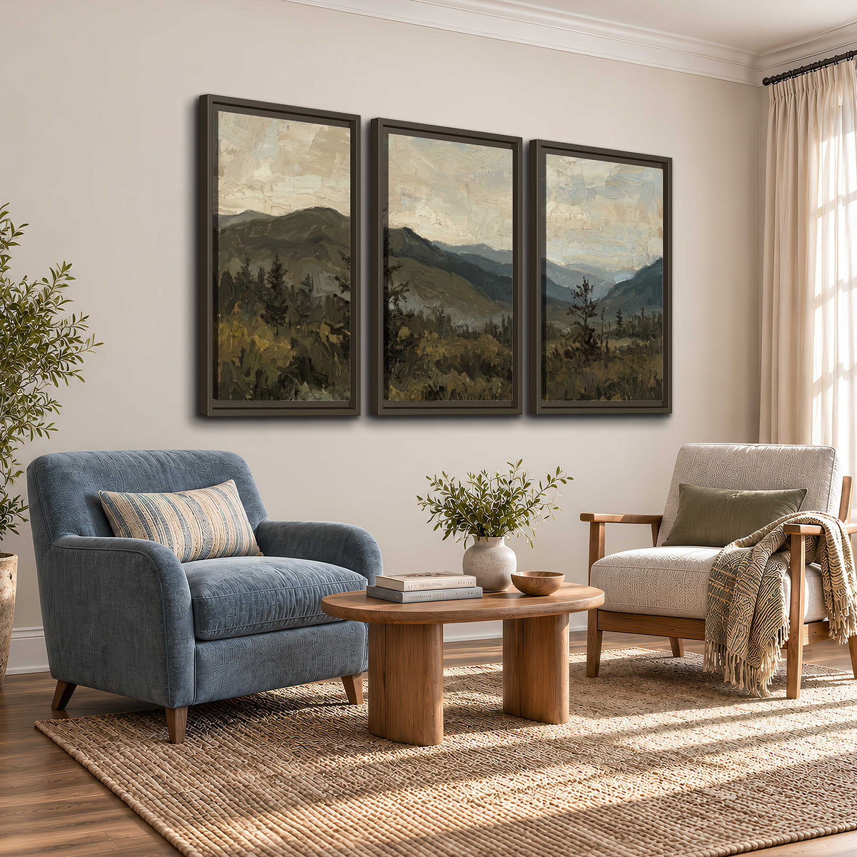 Layered mountain ridges and dark evergreen trees beneath a muted cloudy sky 3 piece framed canvas wall art styled in an interior