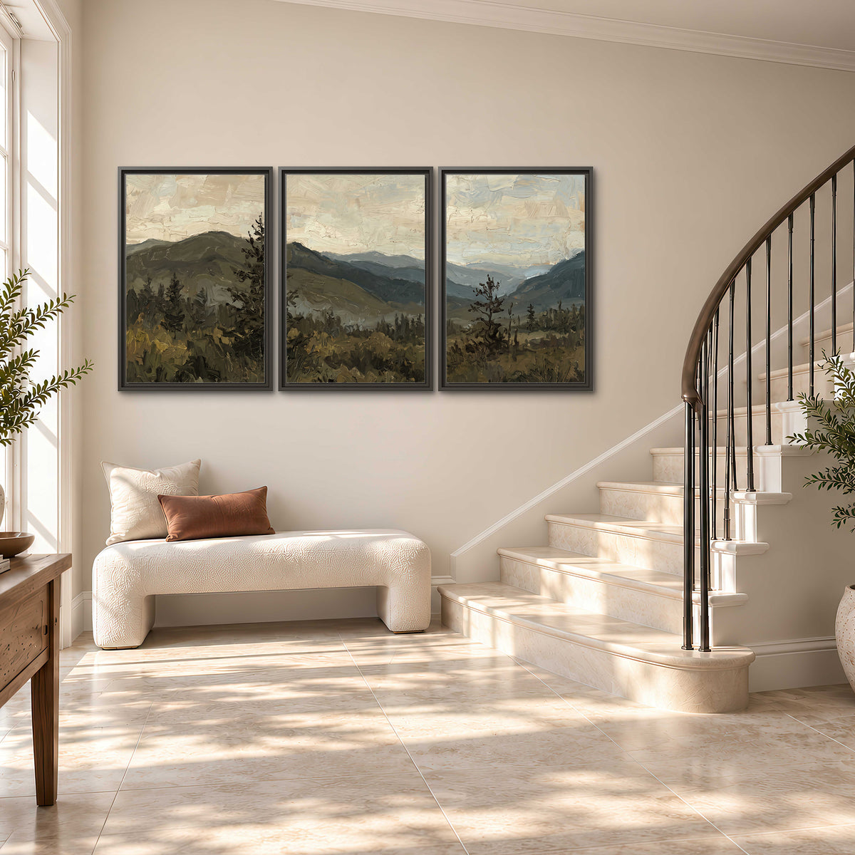 Layered mountain ridges and dark evergreen trees beneath a muted cloudy sky 3 piece framed canvas wall art styled in an interior
