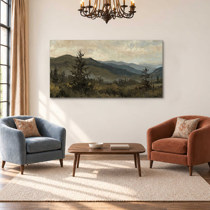 Layered mountain ridges and dark evergreen trees beneath a muted cloudy sky single canvas wall art styled in an interior