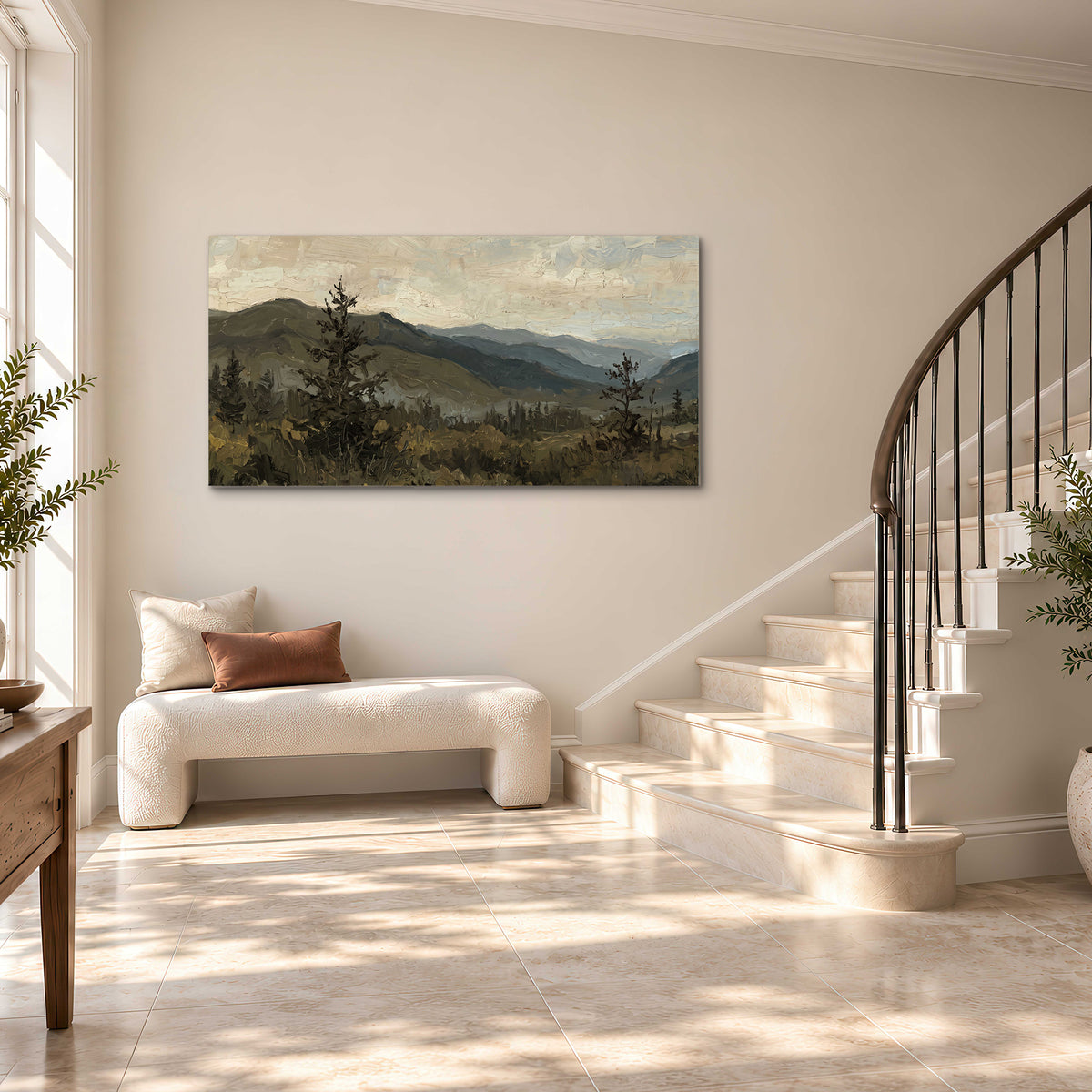 Layered mountain ridges and dark evergreen trees beneath a muted cloudy sky single canvas wall art styled in an interior