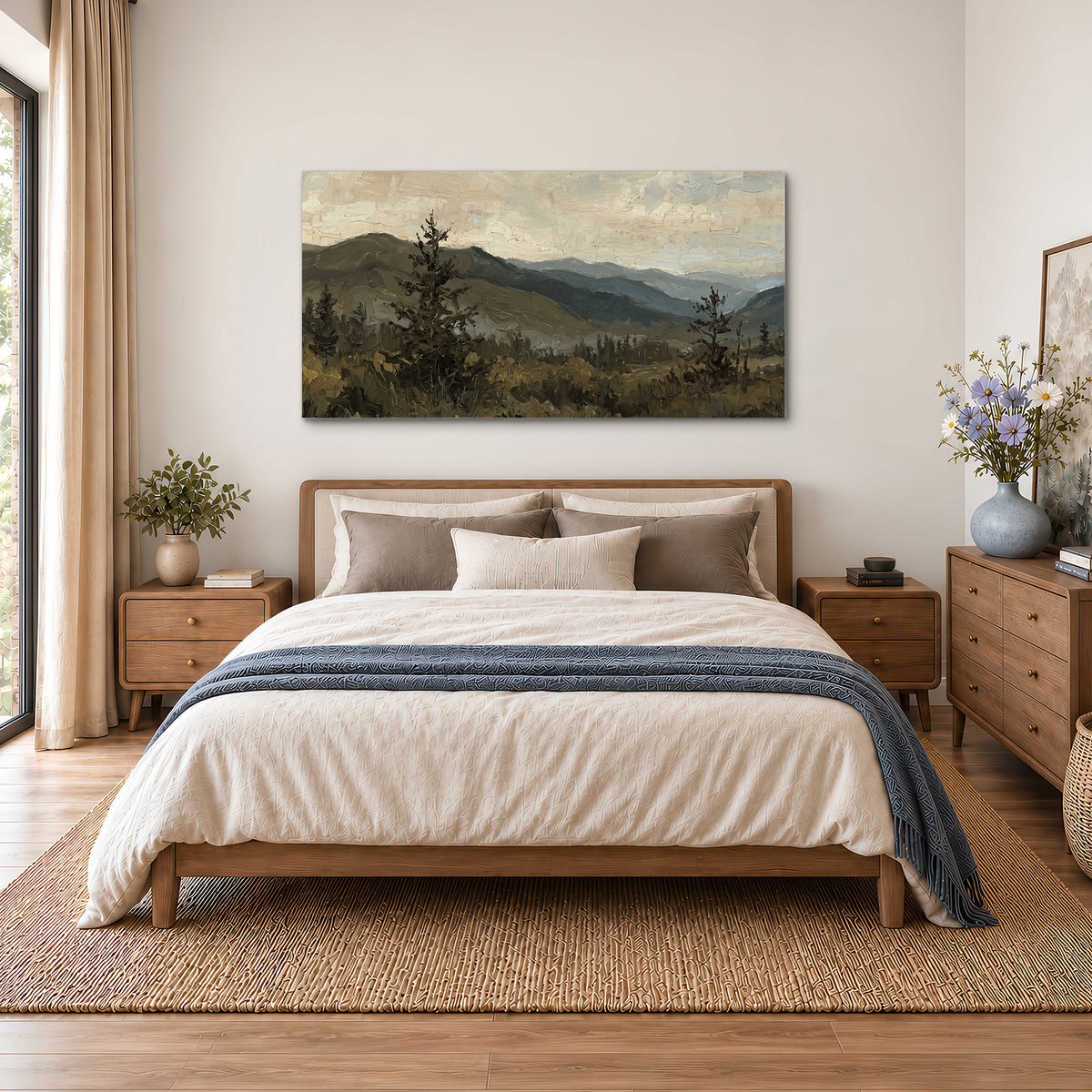 Layered mountain ridges and dark evergreen trees beneath a muted cloudy sky single canvas wall art styled in an interior