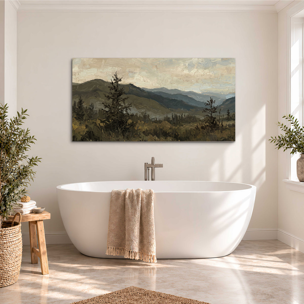 Layered mountain ridges and dark evergreen trees beneath a muted cloudy sky single canvas wall art styled in an interior