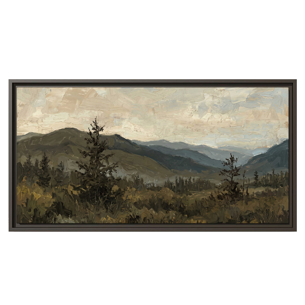 Layered mountain ridges and dark evergreen trees beneath a muted cloudy sky single framed canvas wall art viewed straight on