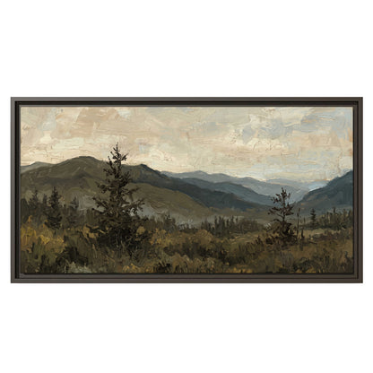 Layered mountain ridges and dark evergreen trees beneath a muted cloudy sky single framed canvas wall art viewed straight on