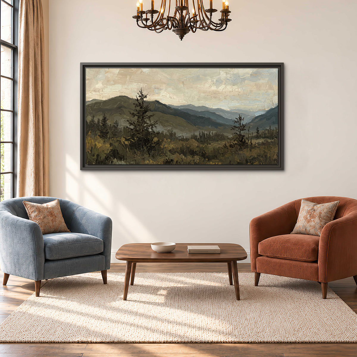 Layered mountain ridges and dark evergreen trees beneath a muted cloudy sky single framed canvas wall art styled in an interior