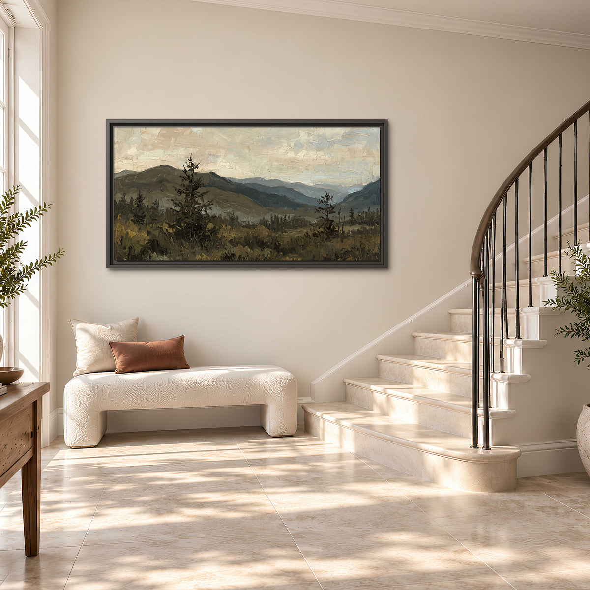 Layered mountain ridges and dark evergreen trees beneath a muted cloudy sky single framed canvas wall art styled in an interior