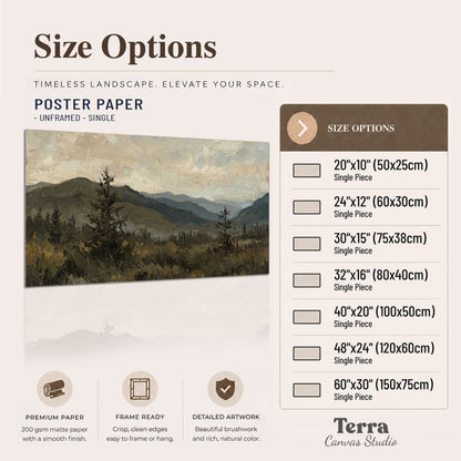 Layered mountain ridges and dark evergreen trees beneath a muted cloudy sky single poster print available dimensions