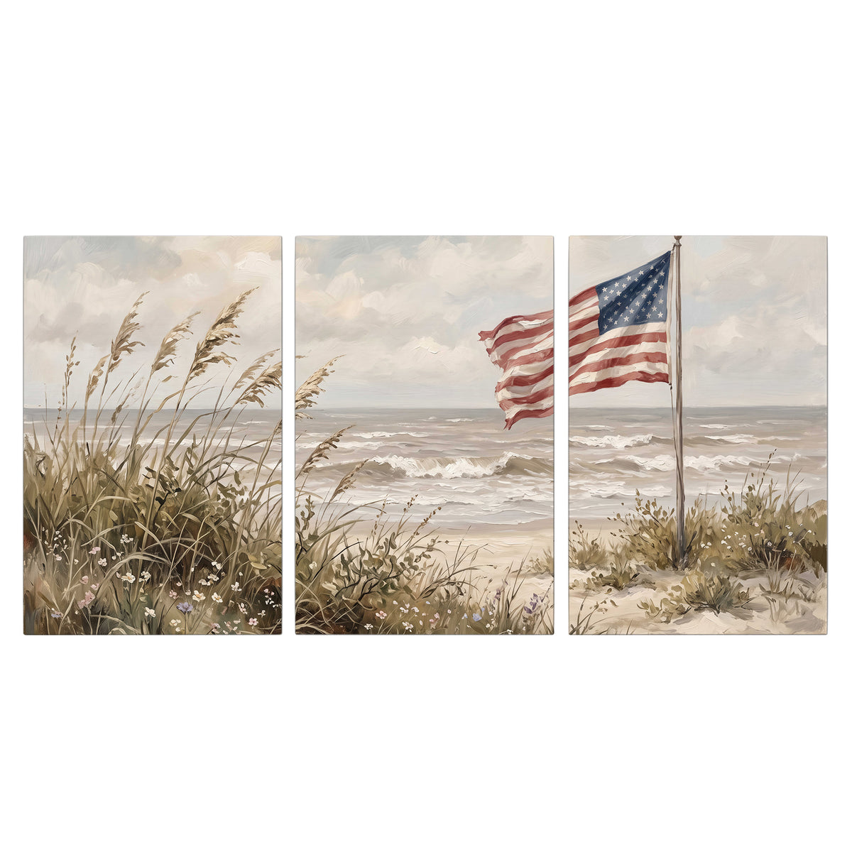 An American flag above coastal grasses beside a quiet sandy beach 3 piece canvas wall art viewed straight on