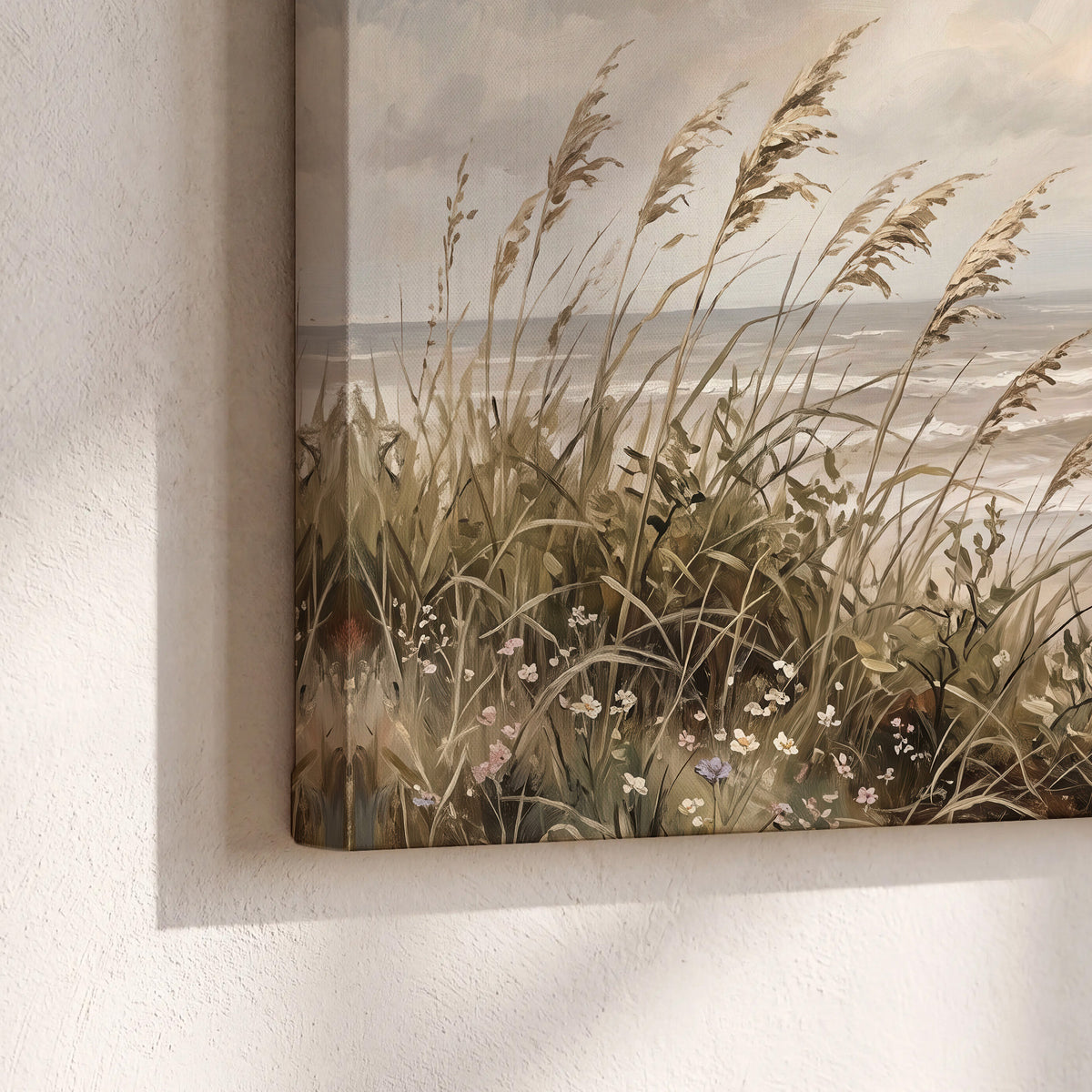 An American flag above coastal grasses beside a quiet sandy beach 3 piece canvas wall art material and edge close up