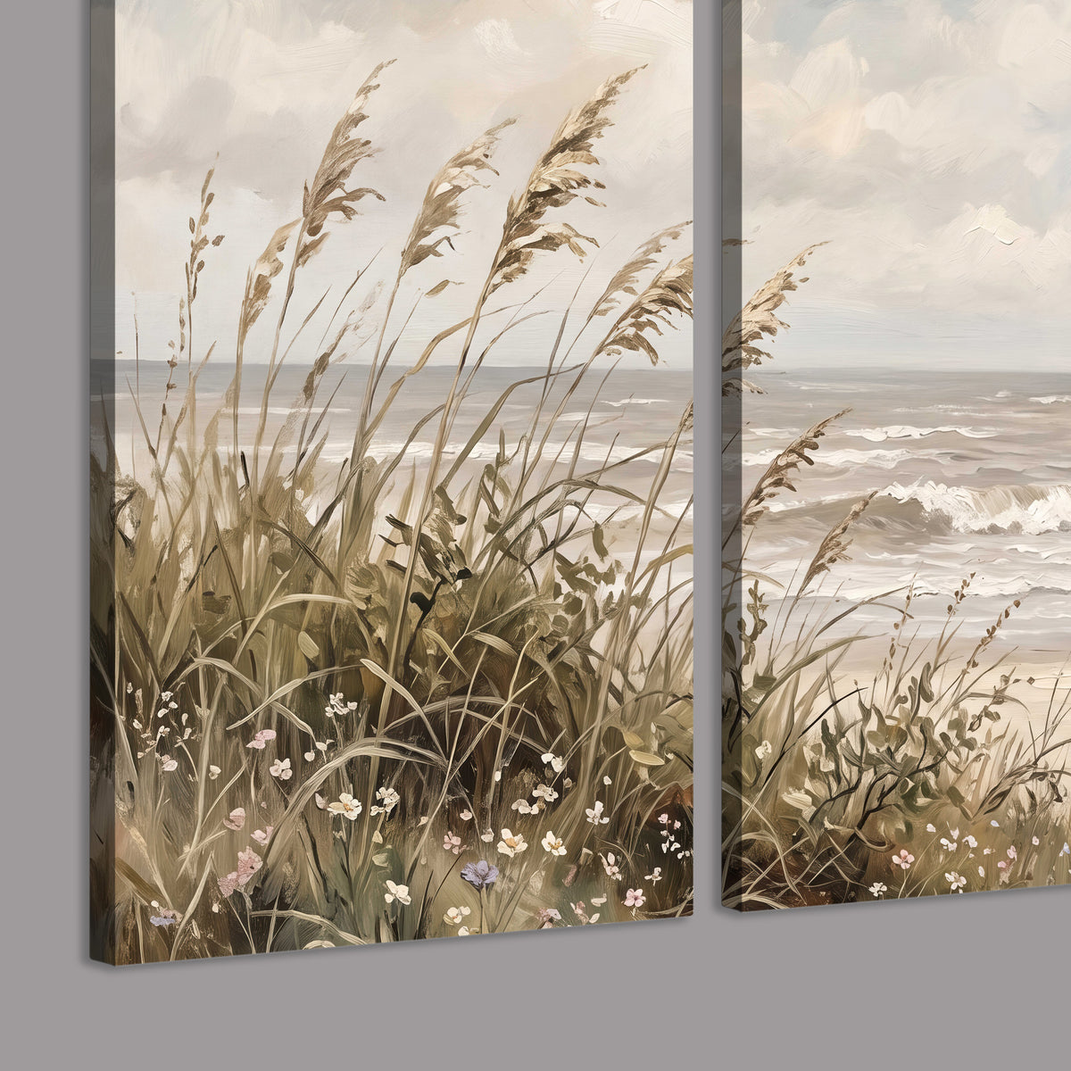 An American flag above coastal grasses beside a quiet sandy beach 3 piece canvas wall art room and product view
