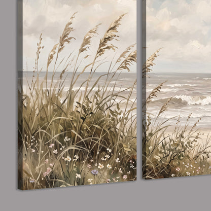 An American flag above coastal grasses beside a quiet sandy beach 3 piece canvas wall art room and product view