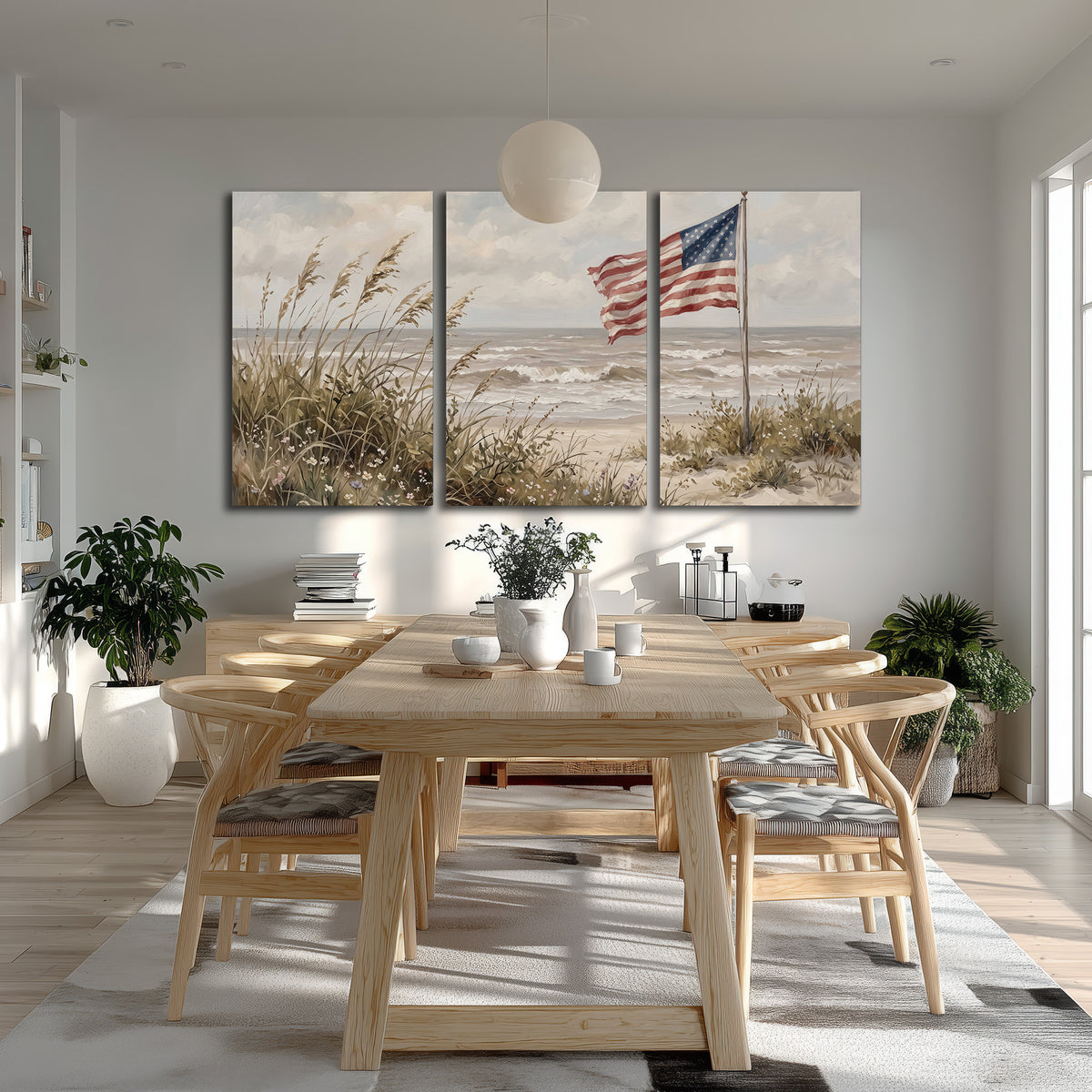 An American flag above coastal grasses beside a quiet sandy beach 3 piece canvas wall art room and product view
