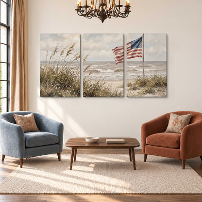 An American flag above coastal grasses beside a quiet sandy beach 3 piece canvas wall art styled in an interior