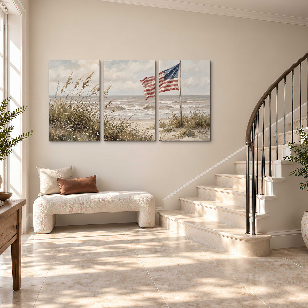 An American flag above coastal grasses beside a quiet sandy beach 3 piece canvas wall art styled in an interior