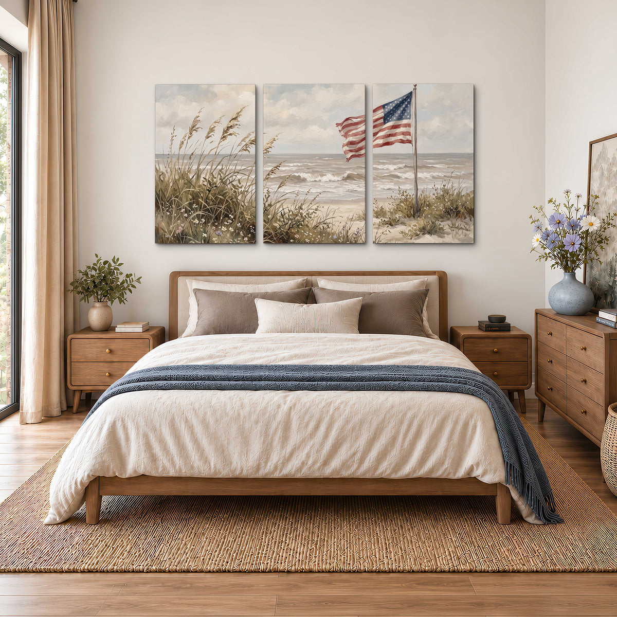 An American flag above coastal grasses beside a quiet sandy beach 3 piece canvas wall art styled in an interior