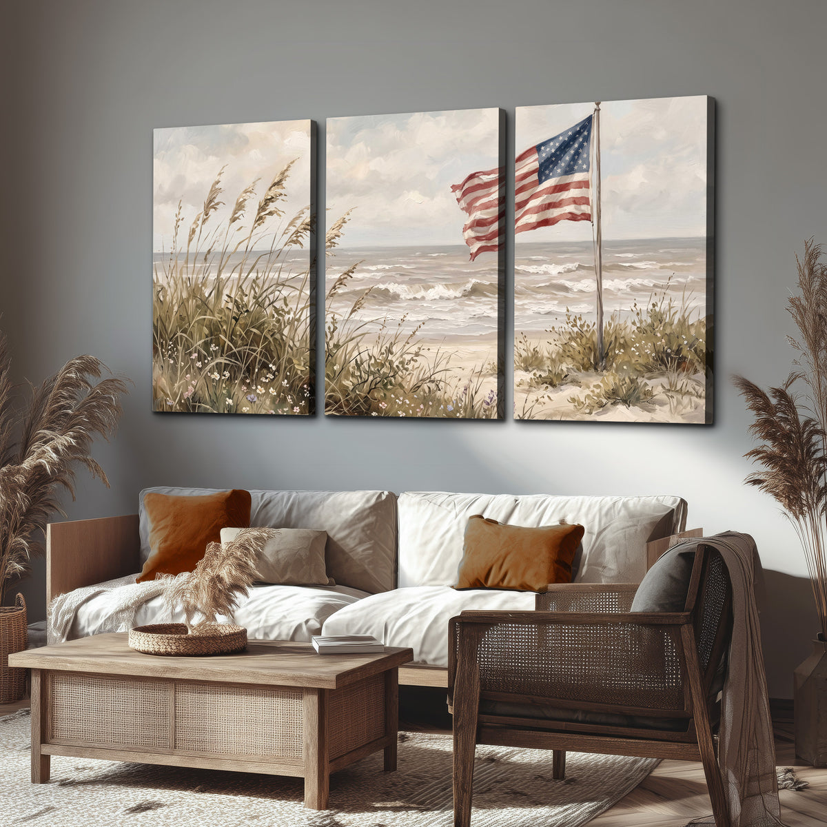 An American flag above coastal grasses beside a quiet sandy beach 3 piece canvas wall art displayed in a rustic living room