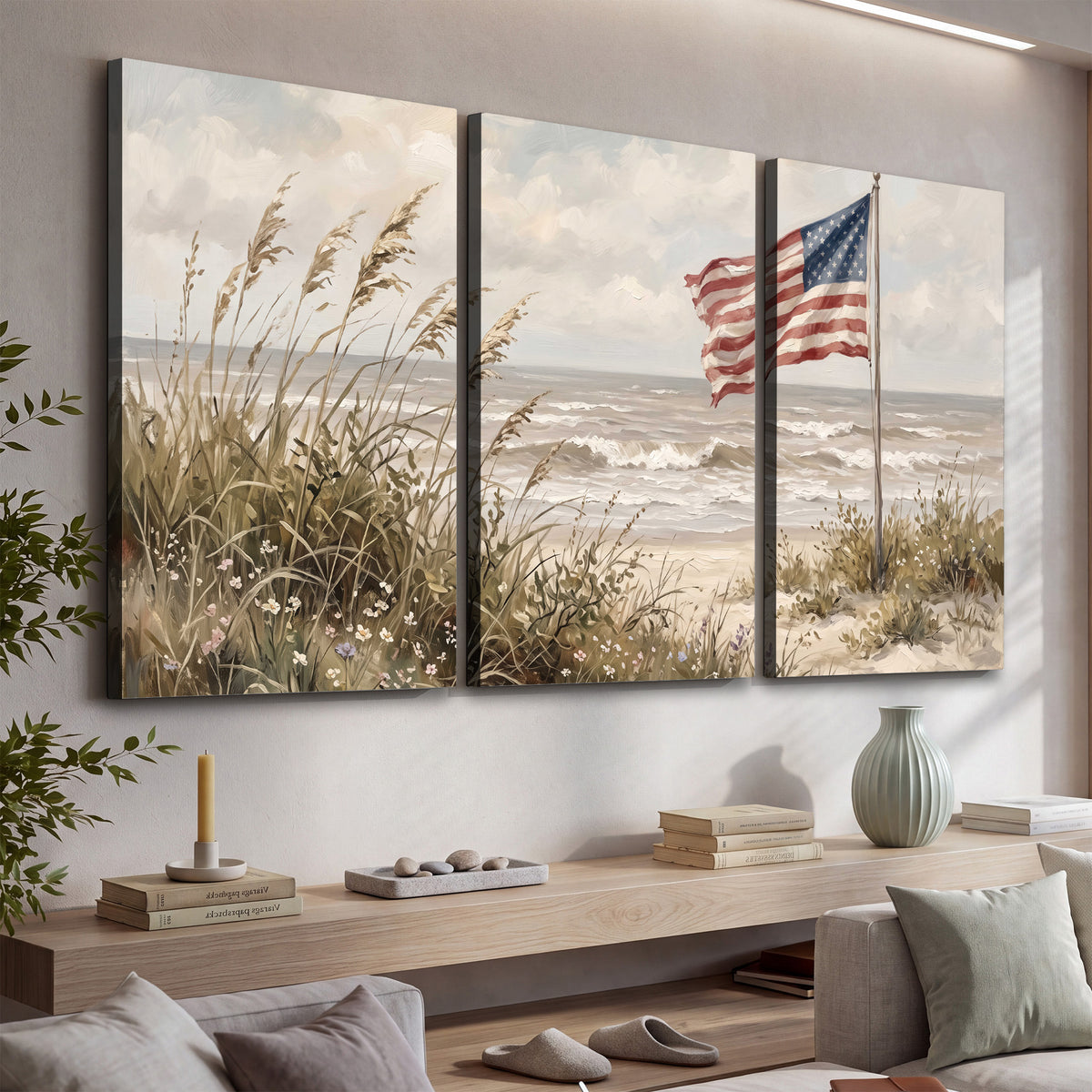 An American flag above coastal grasses beside a quiet sandy beach 3 piece canvas wall art displayed in a console