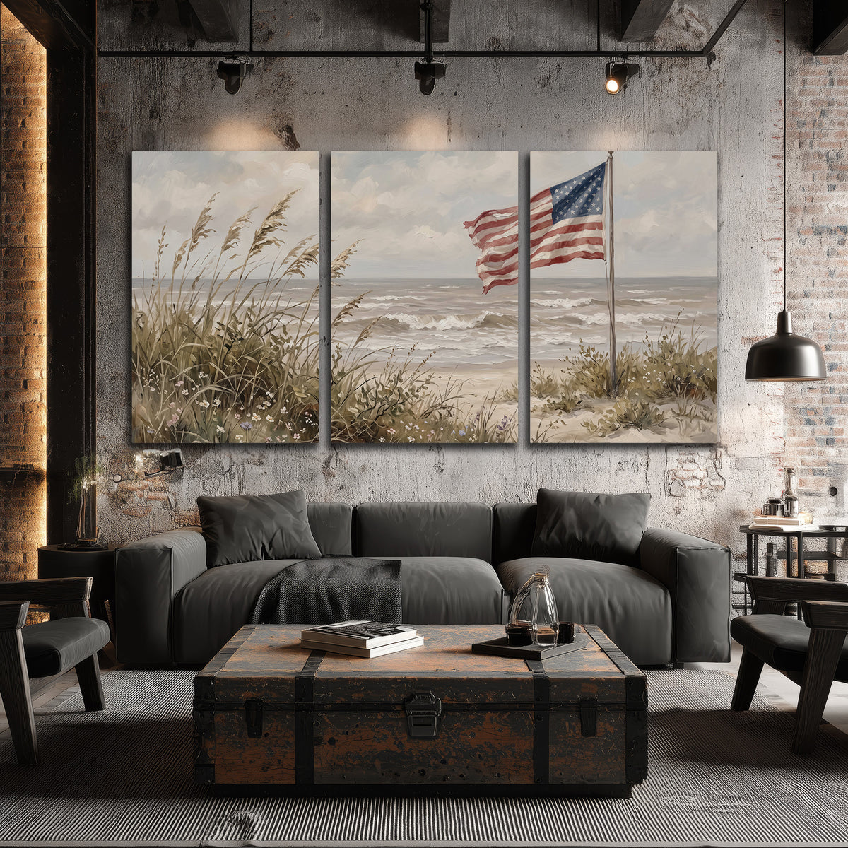 An American flag above coastal grasses beside a quiet sandy beach 3 piece canvas wall art displayed in a industrial room