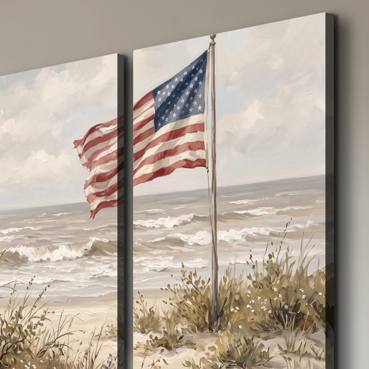 An American flag above coastal grasses beside a quiet sandy beach 3 piece canvas wall art room and product view