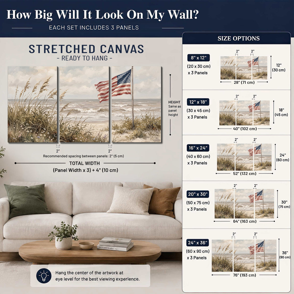 An American flag above coastal grasses beside a quiet sandy beach 3 piece canvas wall art size guide above a sofa; room view is illustrative