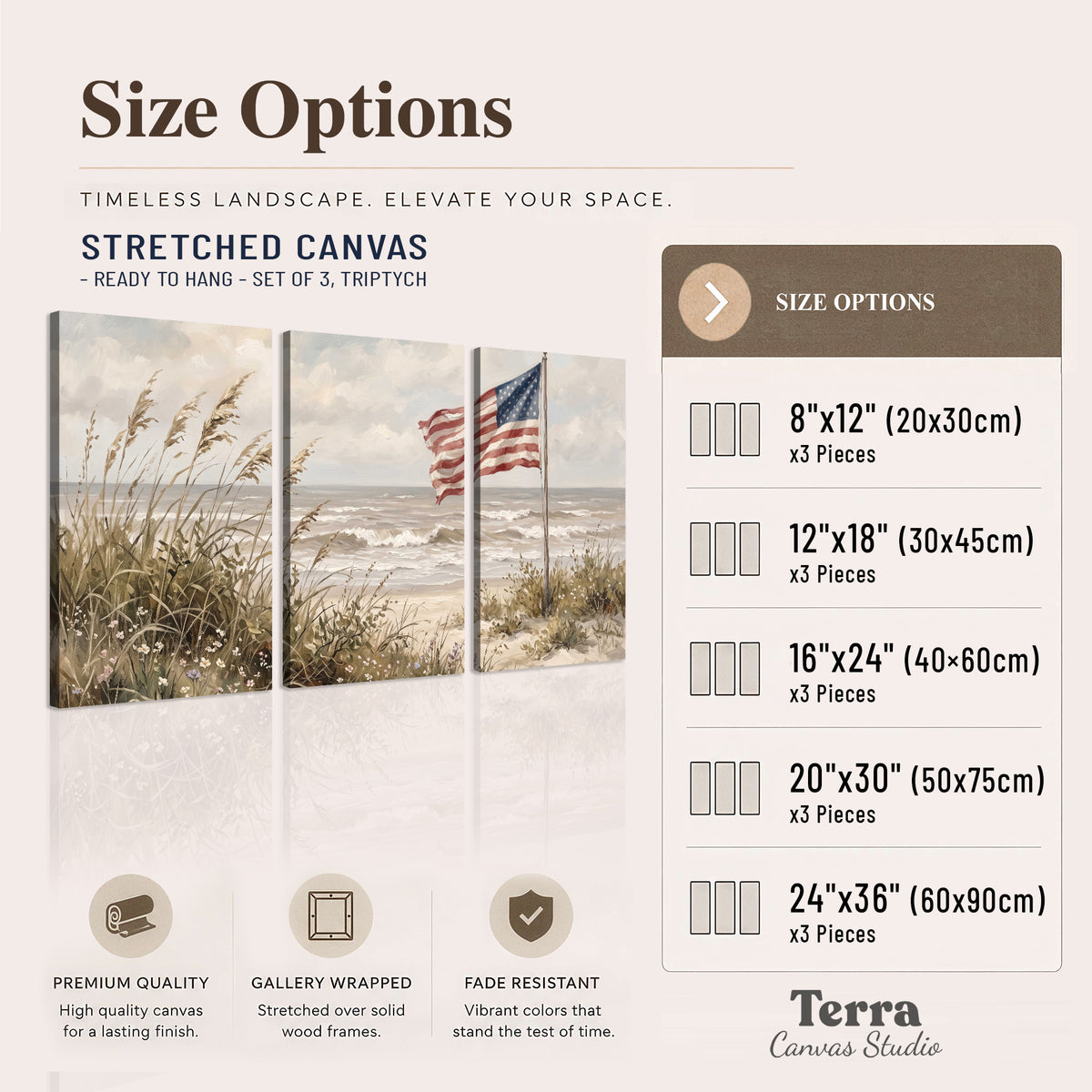 An American flag above coastal grasses beside a quiet sandy beach 3 piece canvas wall art available dimensions; triptych dimensions are per panel