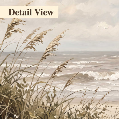 An American flag above coastal grasses beside a quiet sandy beach 3 piece canvas wall art artwork detail close up