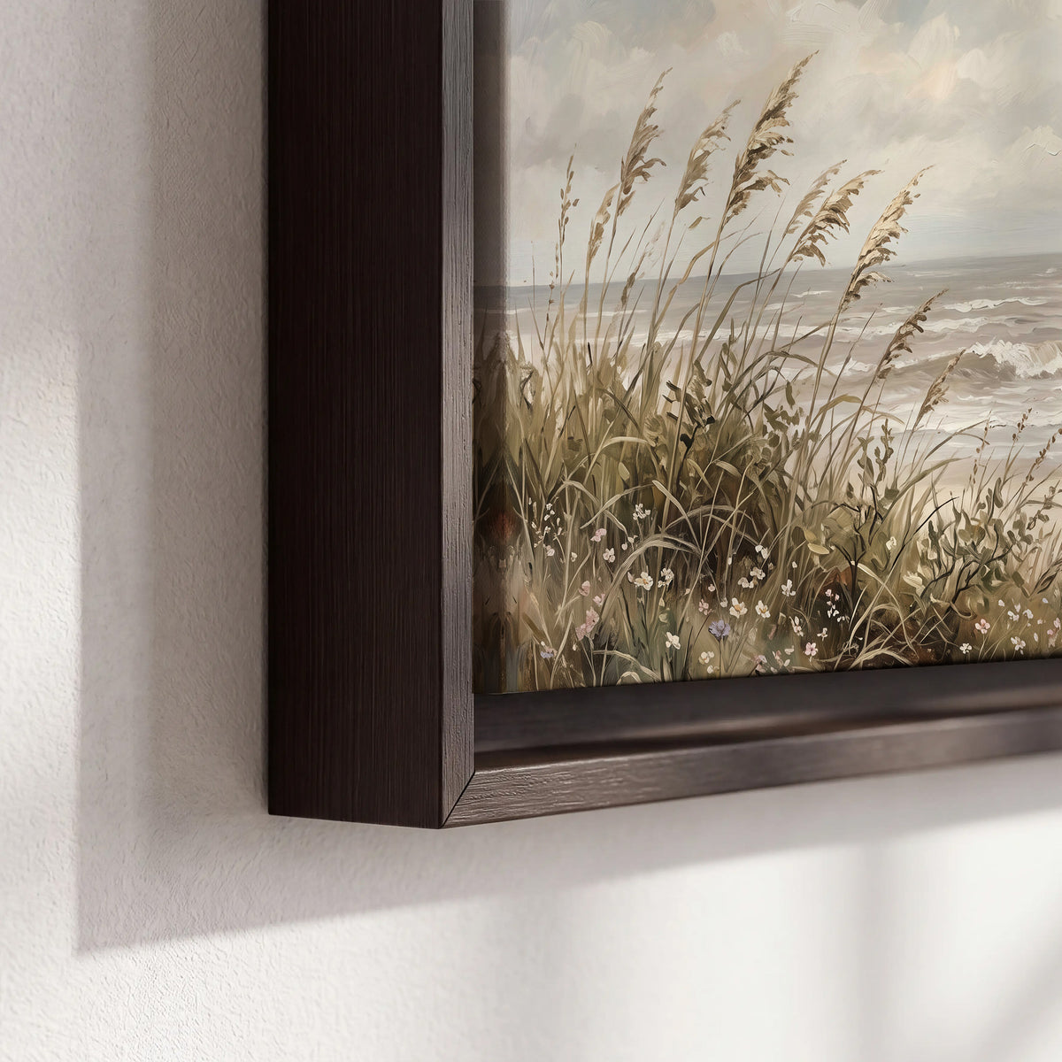 An American flag above coastal grasses beside a quiet sandy beach 3 piece framed canvas wall art material and edge close up
